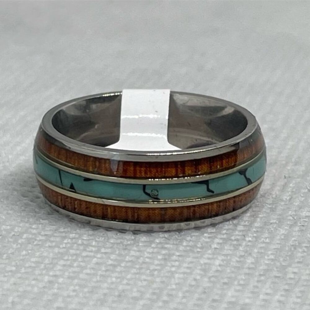 8mm Turquoise & Koa Wood Pattern Triple-Inlay Tungsten Carbide Band Ring Size 9